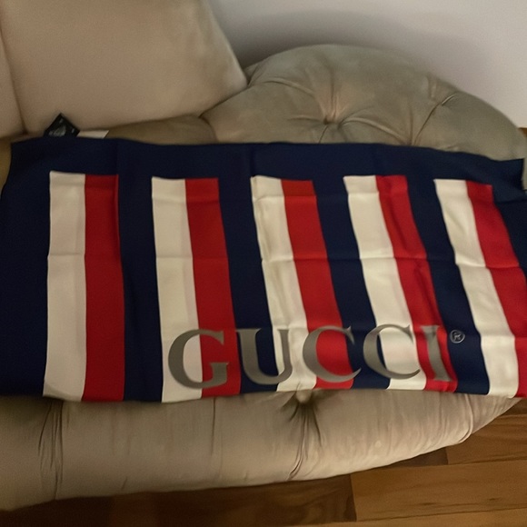 New unisex Gucci logo sylvie stripe silk scarf - Picture 9 of 12